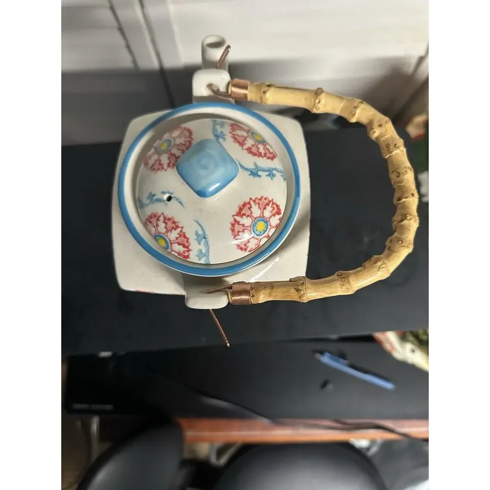Vintage Ceramic Teapot Light Blue Trim Pink Floral Pattern Ribbon Design Tea Pot